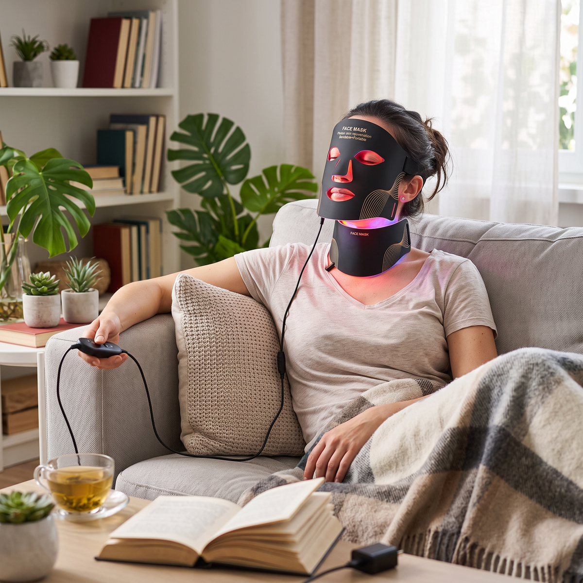 LED face mask in use