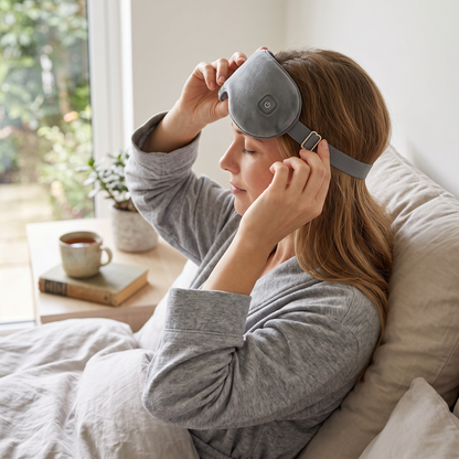 Heated eye mask in use