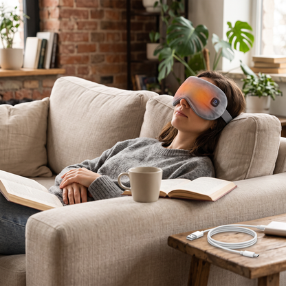 Heated eye mask in use