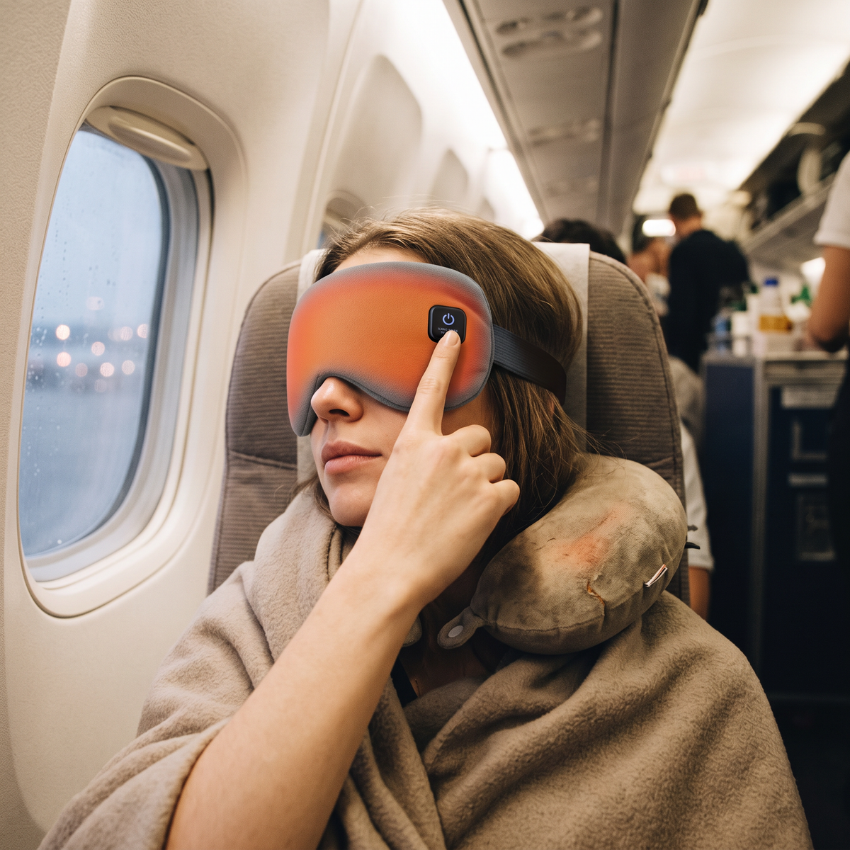 Heated eye mask in use