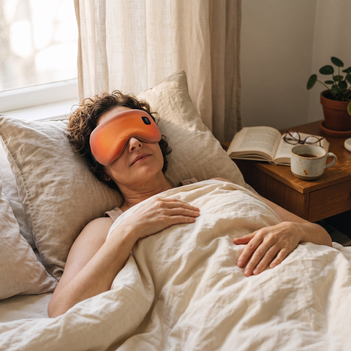 Heated eye mask in use