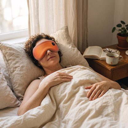Heated eye mask in use