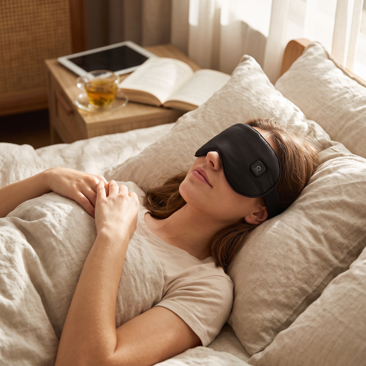 Heated eye mask in use