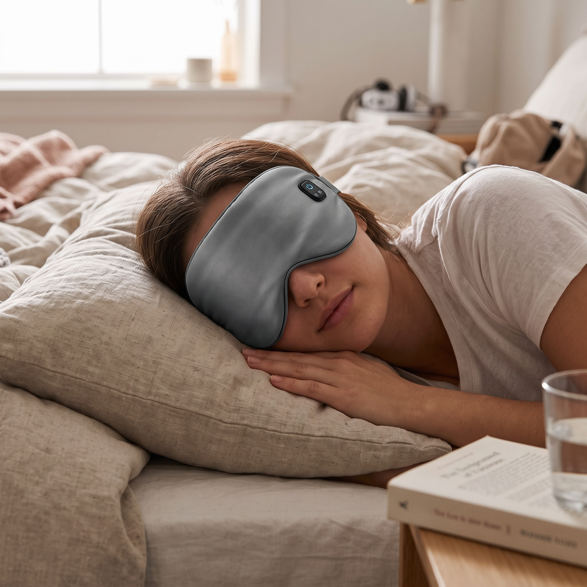 Heated eye mask in use