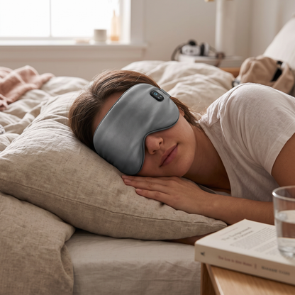 Heated eye mask in use
