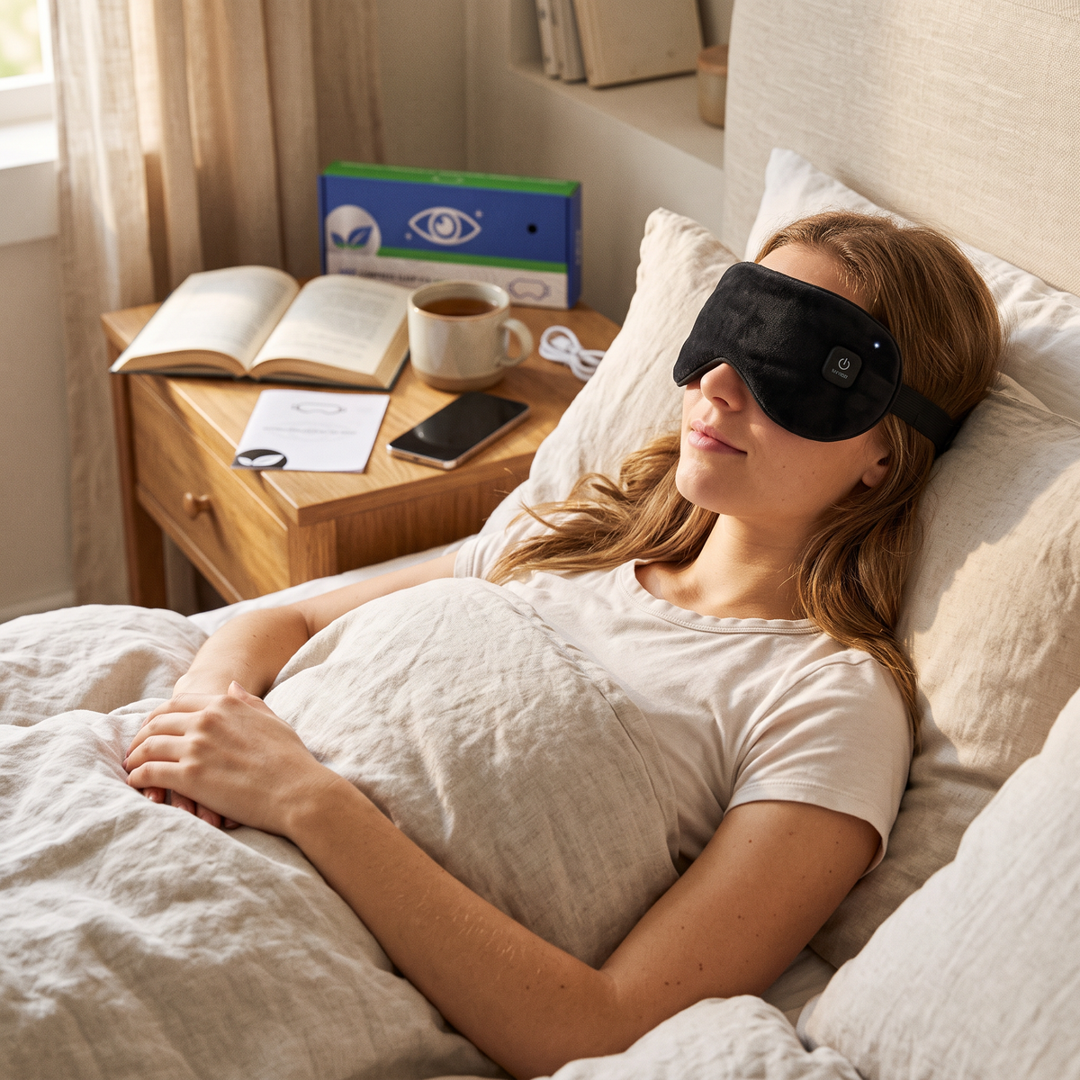 Heated eye mask in use