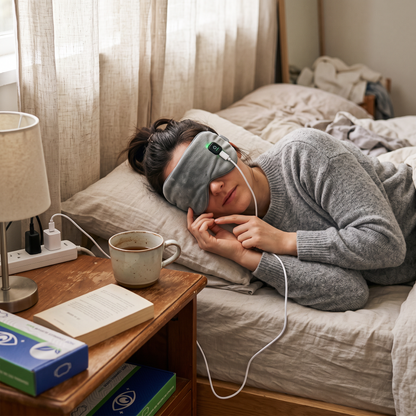 Heated eye mask in use