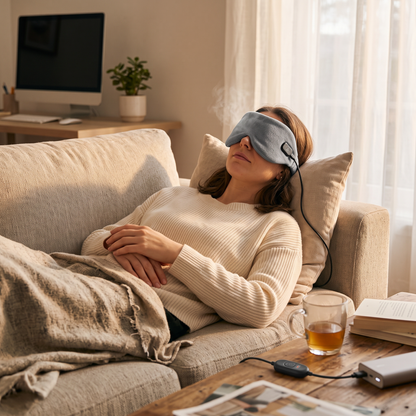 Heated eye mask in use