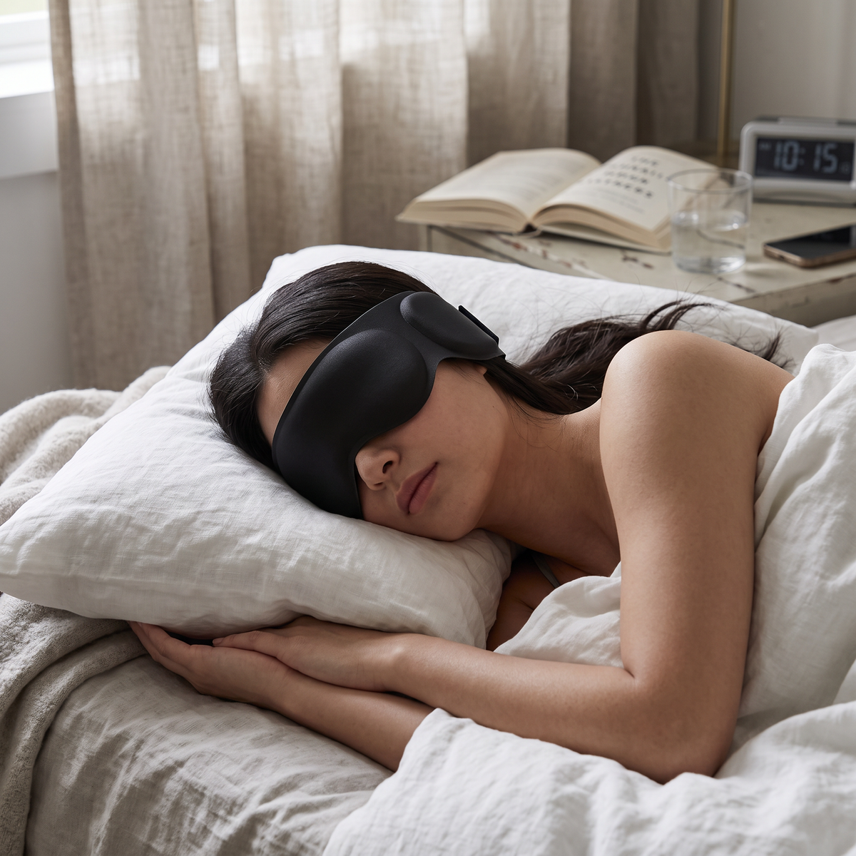 Weighted eye mask in use
