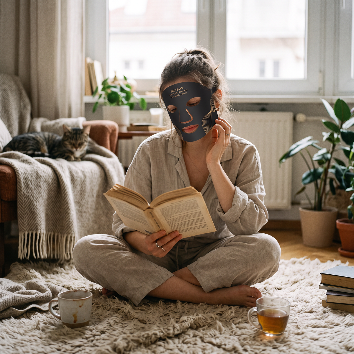 LED face mask in use