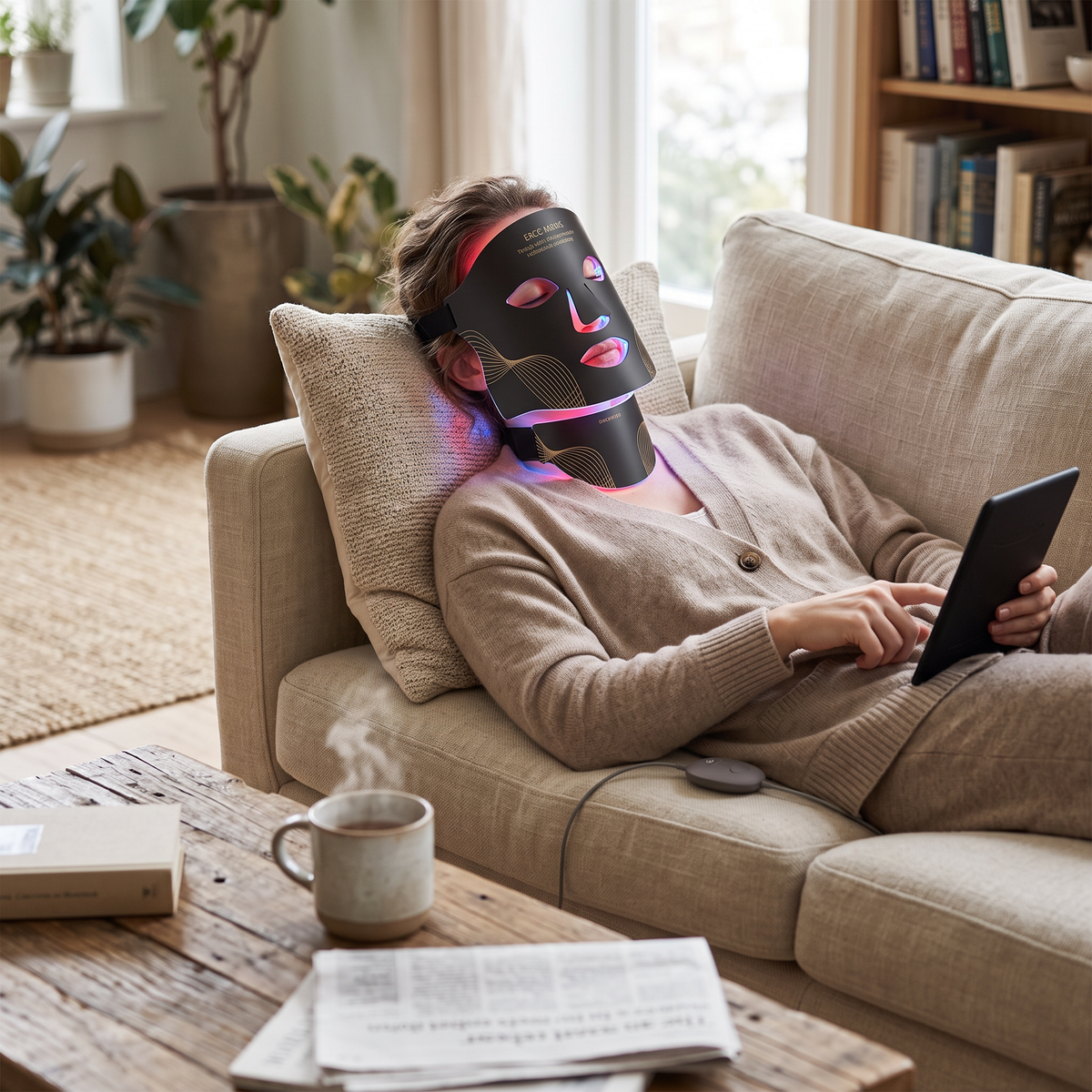 LED face mask in use