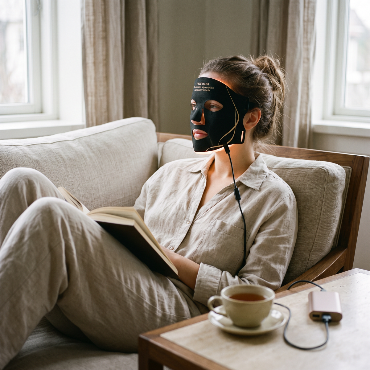 LED face mask in use