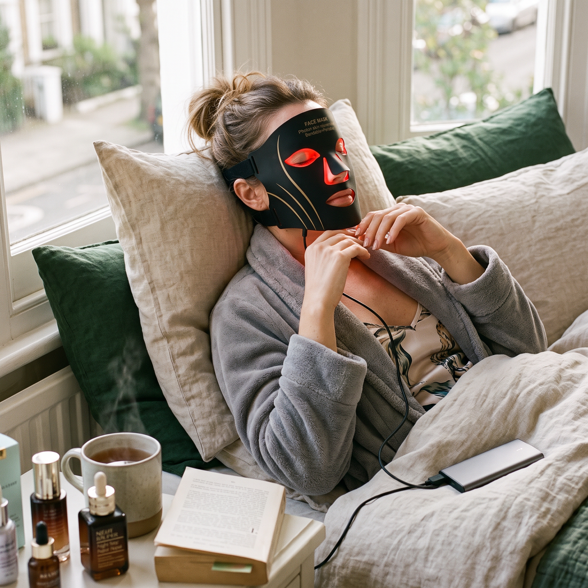 LED face mask in use
