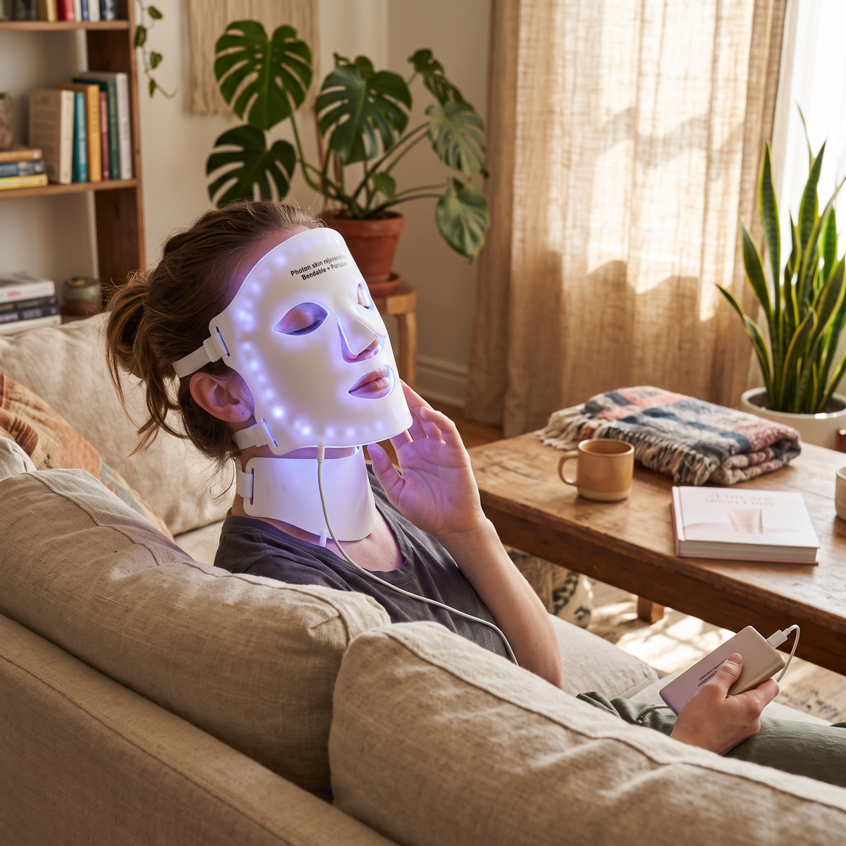 LED face mask in use