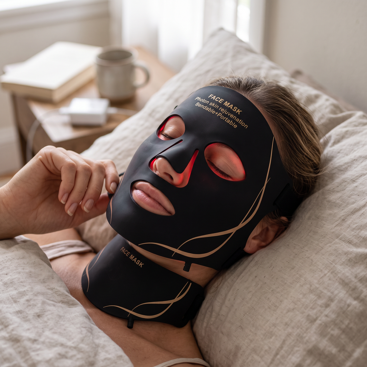 LED face mask in use
