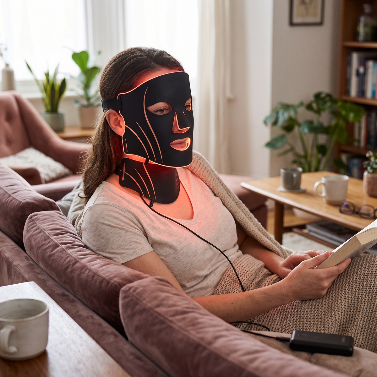 LED face mask in use