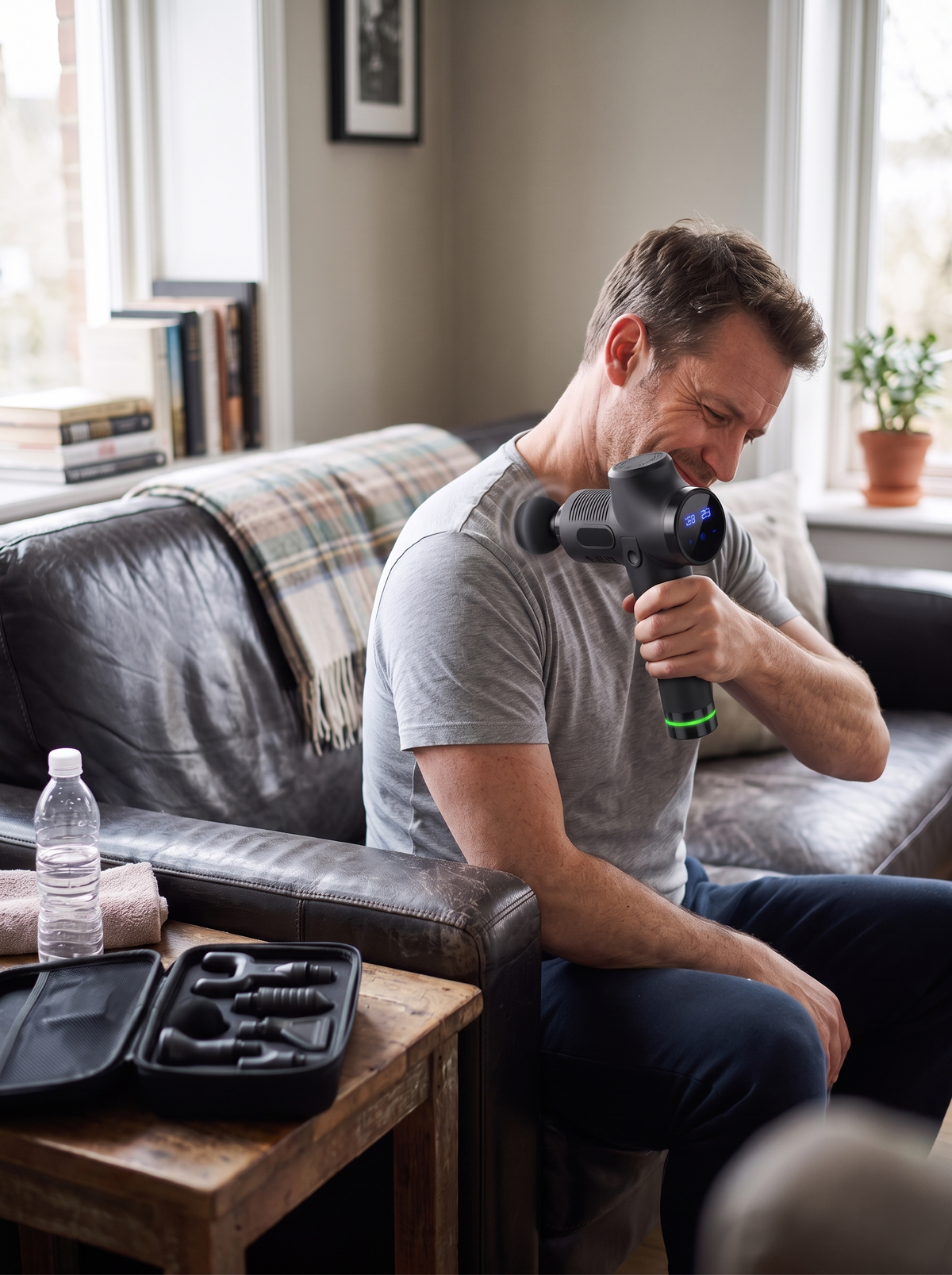 Percussion Massage Gun relieving sore muscles at home