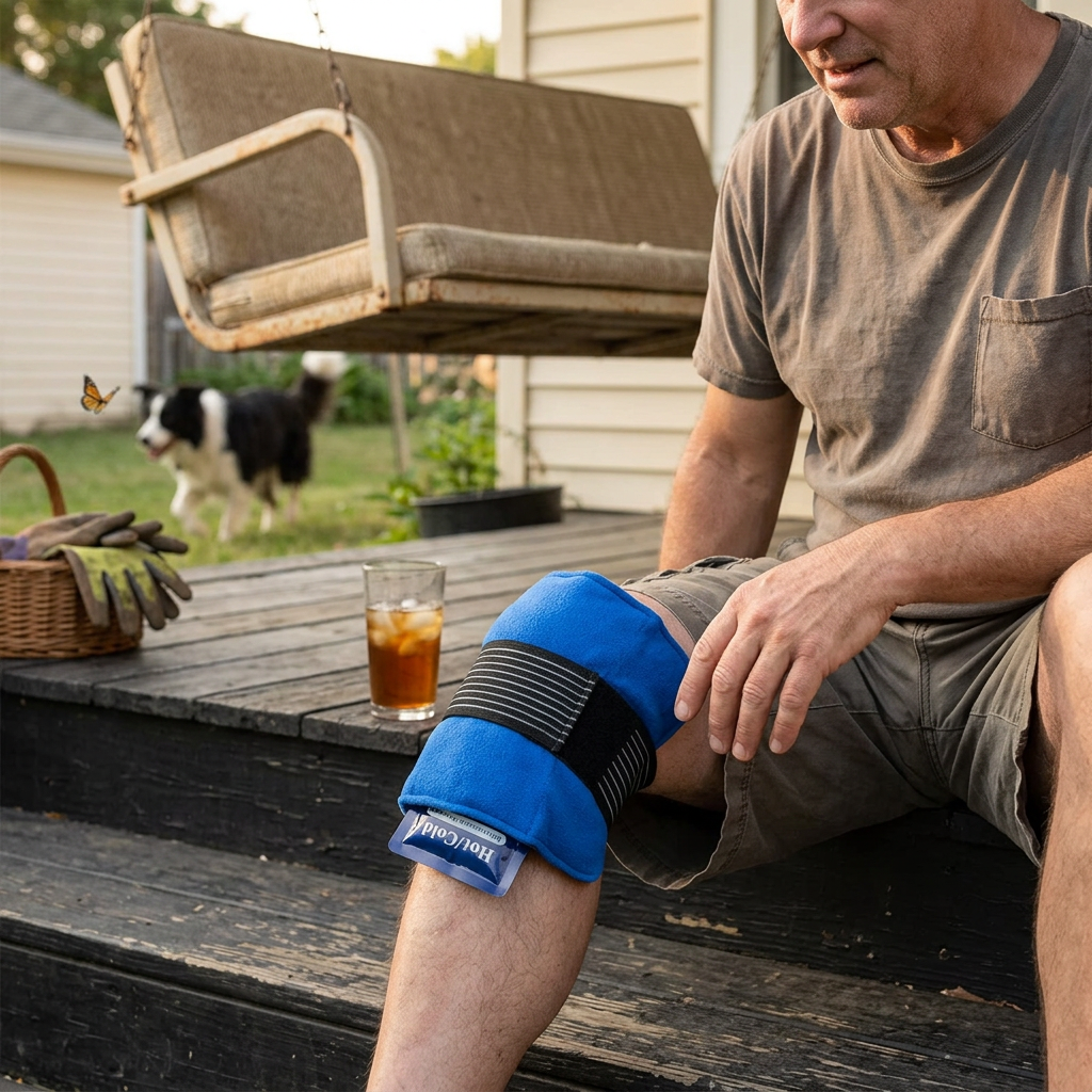 Gel Ice Packs With Elastic Strap Adjustable Wrap Hot Cold Compress Gel Packs For Shoulder Back Knee Neck Ankle in use