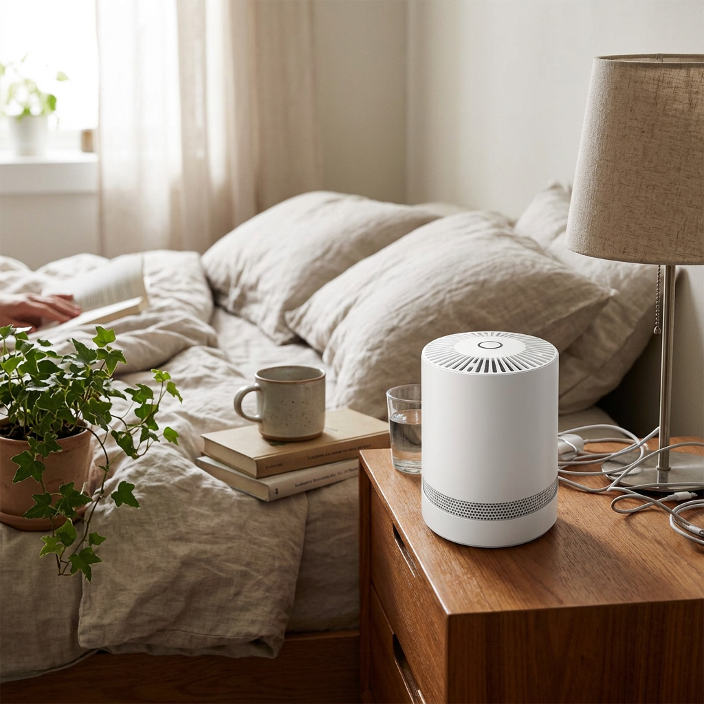Portable air purifier in use