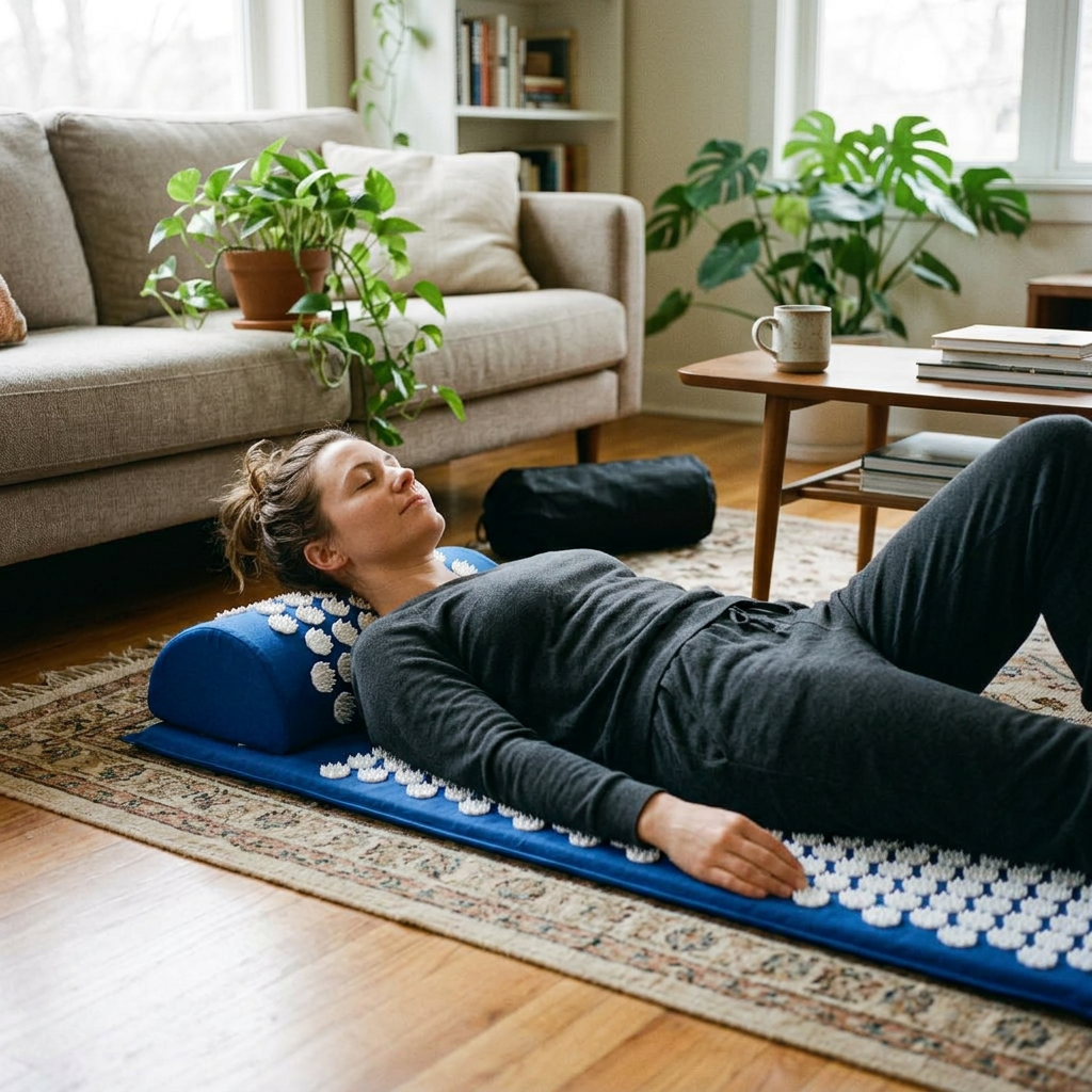 Acupressure Massage Mat With Needles Set Back Massager For Neck Foot Kuznetsov's Applicator Massage Pad Yoga Mat With Pillow in use