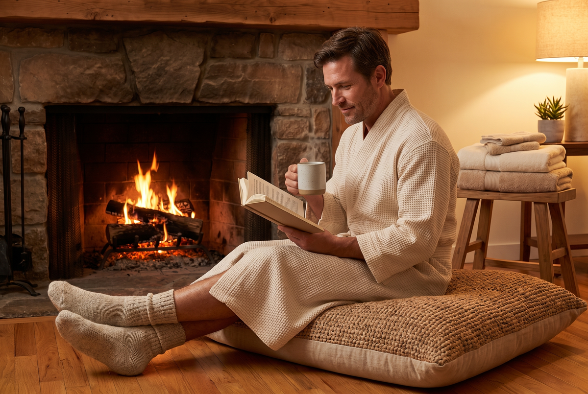 Relaxing by the fireplace with tea and a book