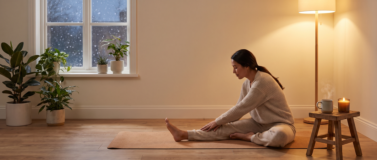 Gentle stretching at home on a snowy winter evening